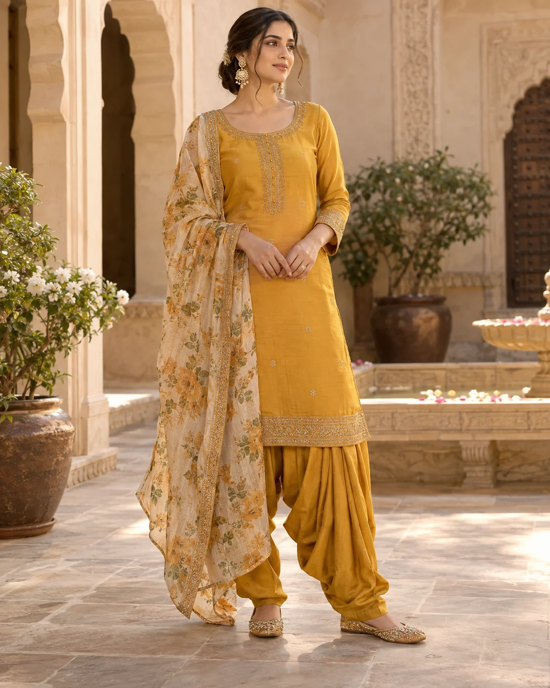 Everyday Punjabi suit inspiration in golden saffron with a floral dupatta